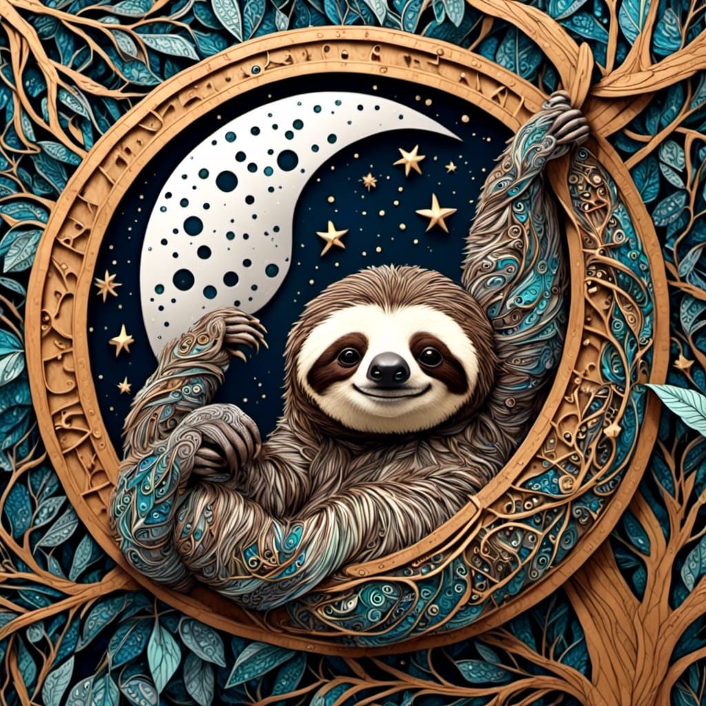 Smiling Sloth Hanging from the Moon in Zentangle Style