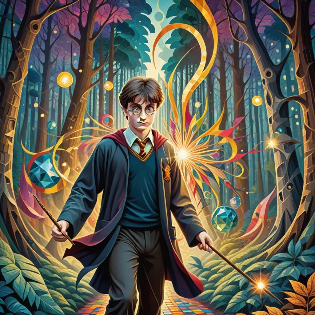 Harry Potter in Mystical Forest, Abstract Vector Fractal Sty...