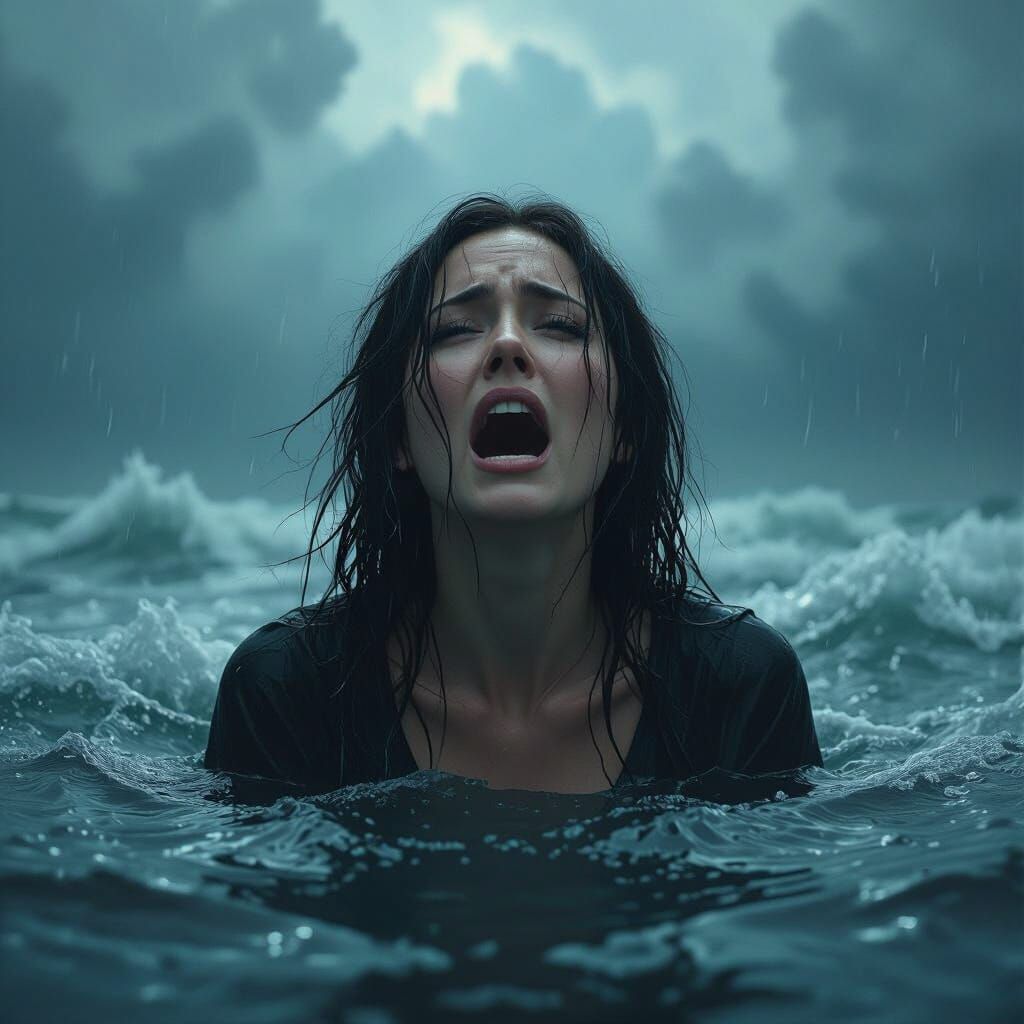 Despairing Woman in Ominous Waves, Dramatic Lighting