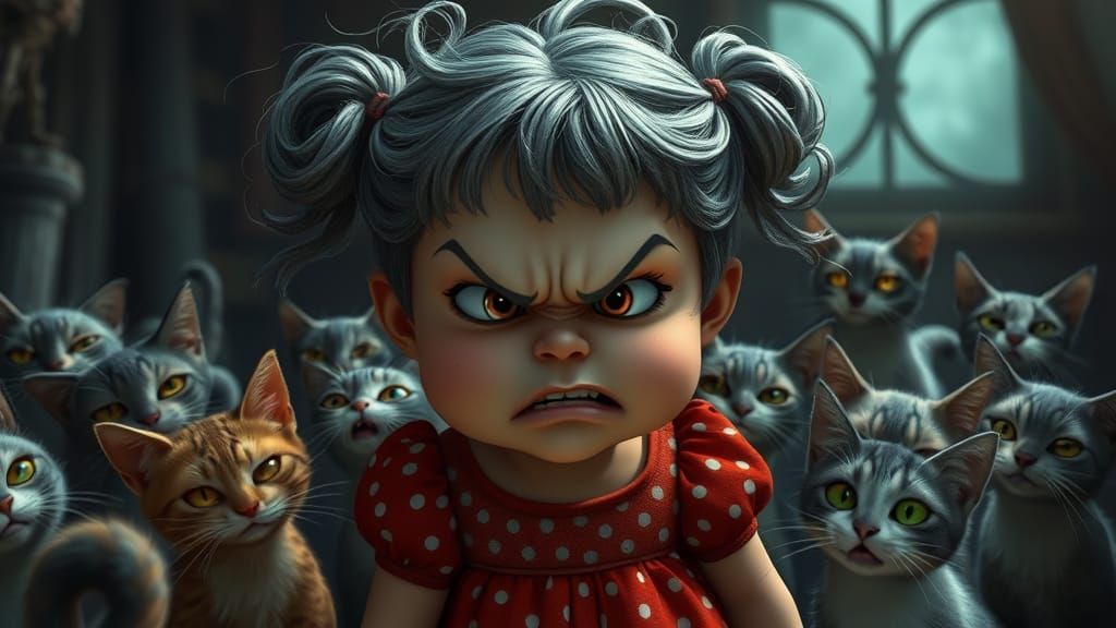 Furious Girl Surrounded by Cats in Dark Fantasy Style