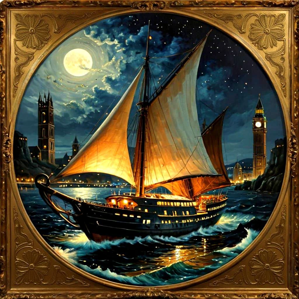 Night Ship Sailing on the Sea as Oil Painting