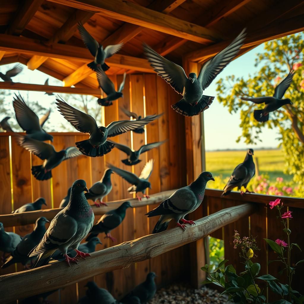 Racing Pigeons in Rustic Loft: Hyperrealistic HDR Image