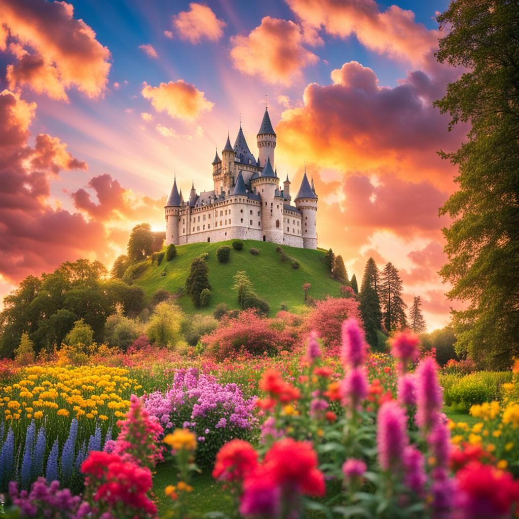 Majestic Castle in Nature with Colorful Clouds