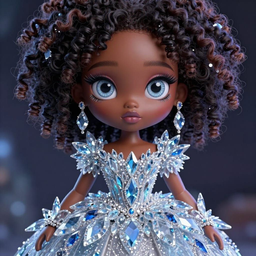Adorable African Princess in Futuristic Gown with Ice Crysta...