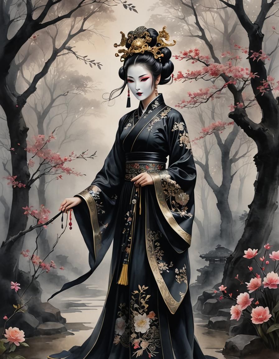 Beautiful Asian Woman in Ancient Three Dimensional Kabuki Mask