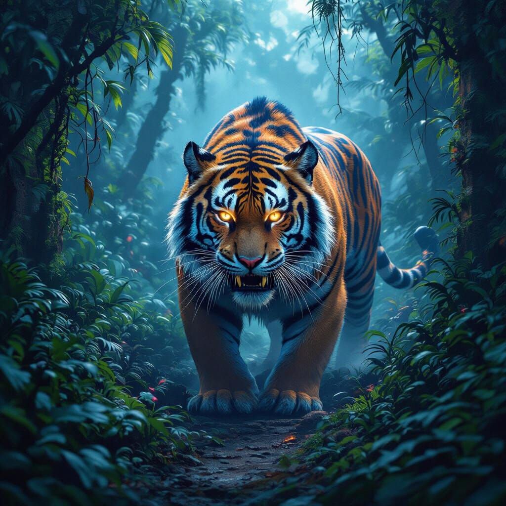 Bioluminescent Sabertooth Tiger in Prehistoric Jungle, Hyper...