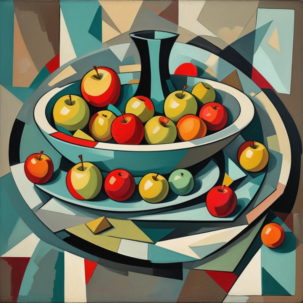 cubism stillife with apples and red fruit