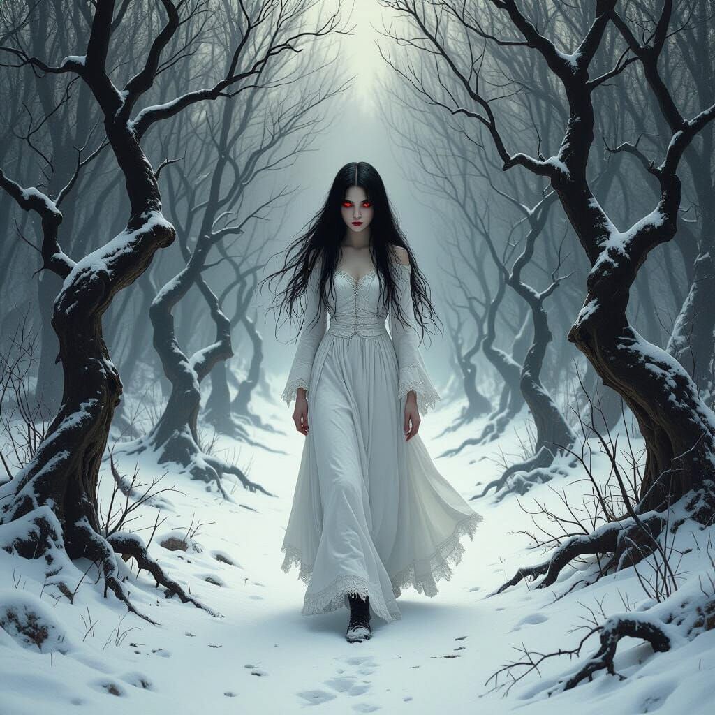 Ethereal Girl in Snowy Forest: Surreal Dark Fantasy