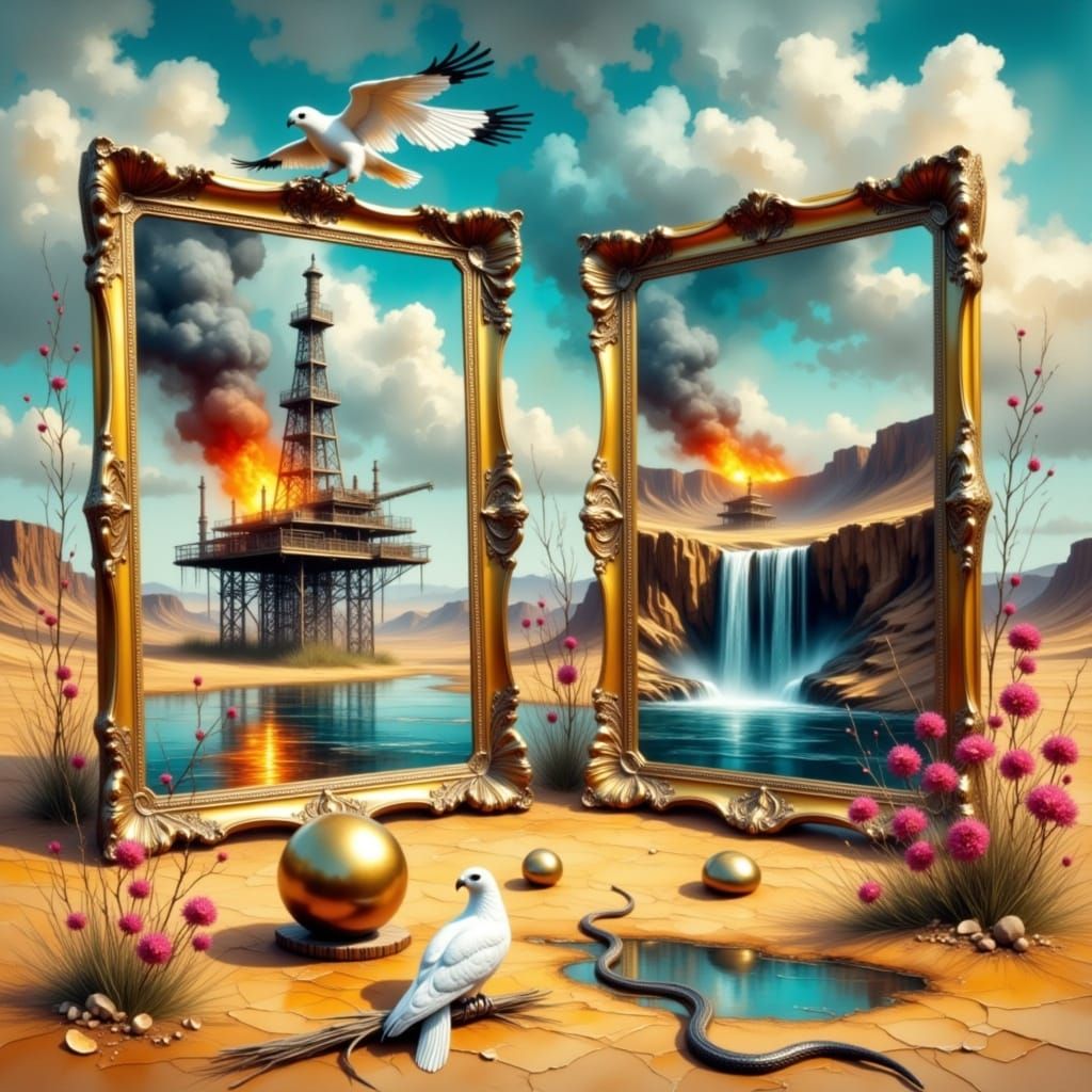 Surreal Desert Landscape with Burning Oil Rig in Frames