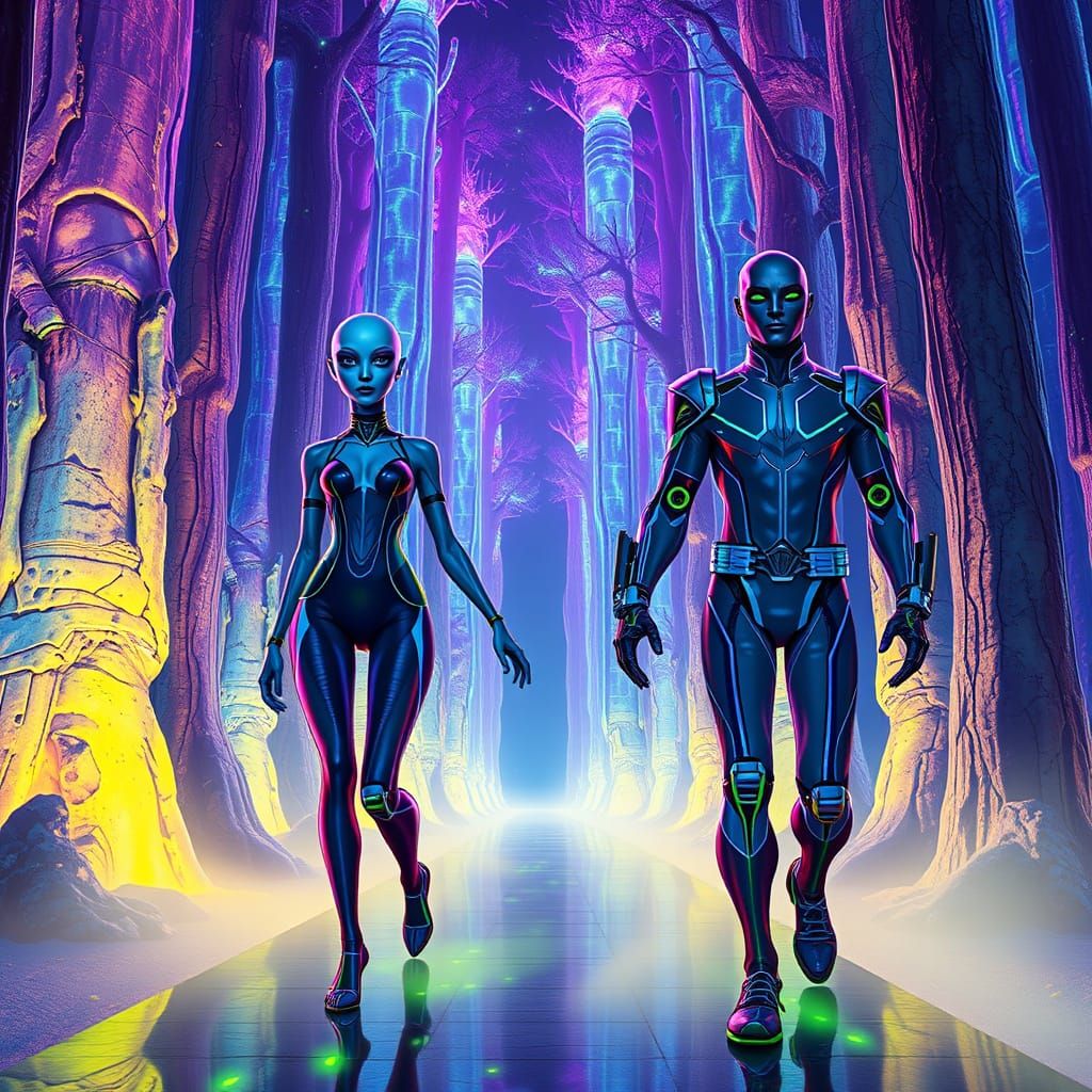 Alien Couple in Bioluminescent Cyber Forest
