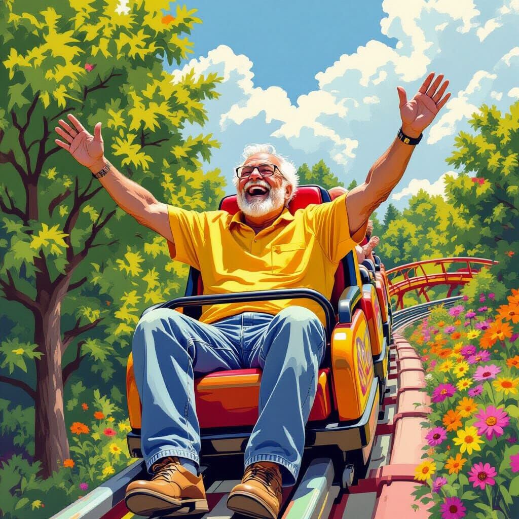 Elderly Man's Joyful Rollercoaster Ride, Whimsical Art Style