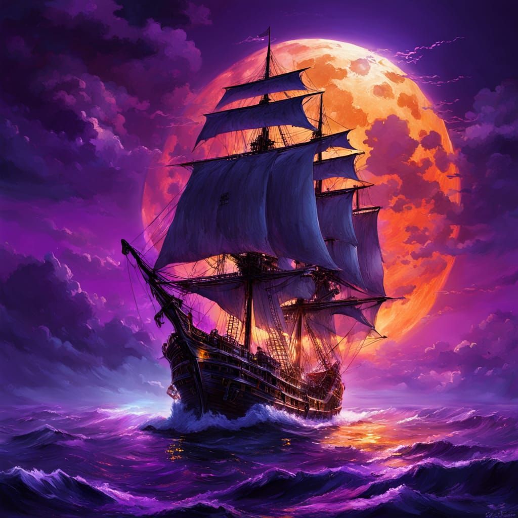 Ghostly Galleon Under Vibrant Purple Skies