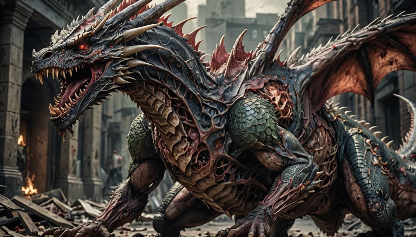 Hyperrealistic Zombie Dragon with Open Wounds