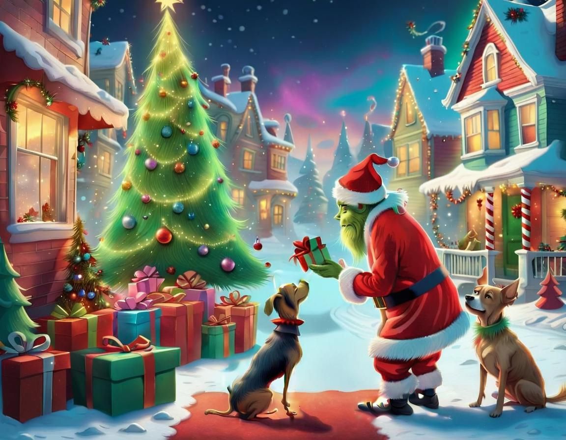 Grinch as Santa Giving Gift in Whoville Style