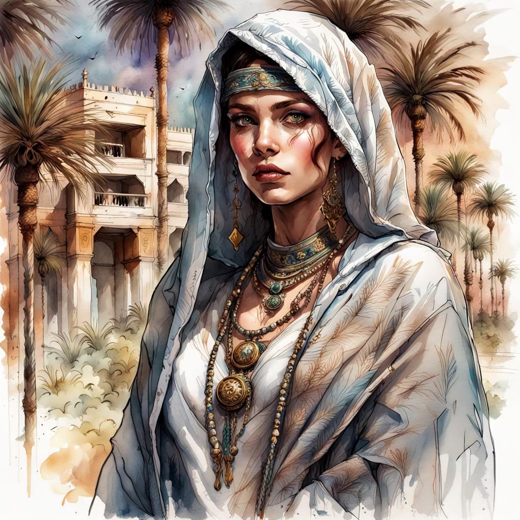 Arabic Assassin in Palace Night, Ink and Watercolor