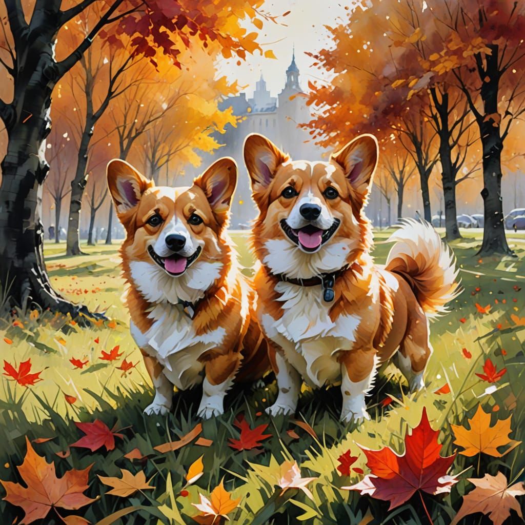 Corgis Frolicking in Autumn Leaves Golden Hour Watercolour