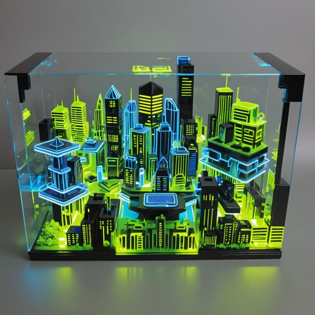 Futuristic Plastic City Skyline at Night in Electric Blue