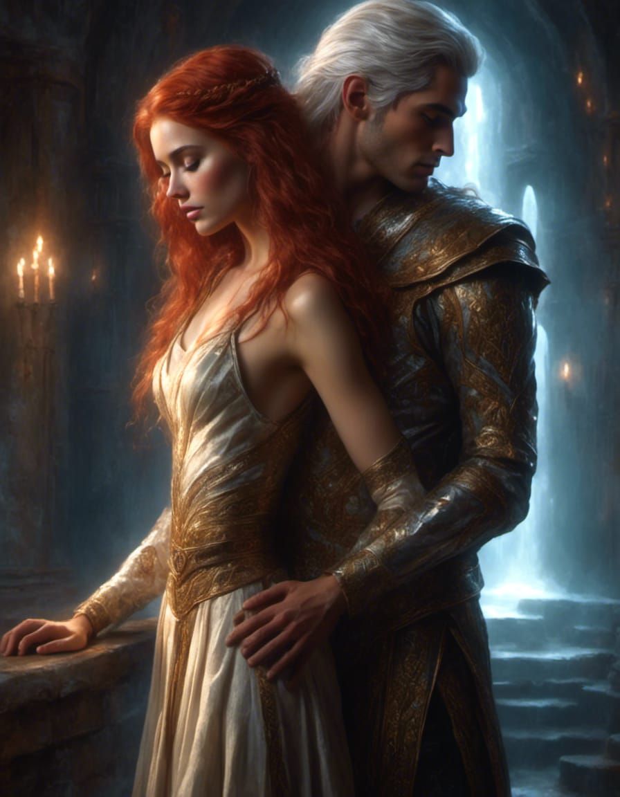 Handsome male elf, youthful, with silver hair. He is a God of Light. With a beautiful human female, with red hair. He is...