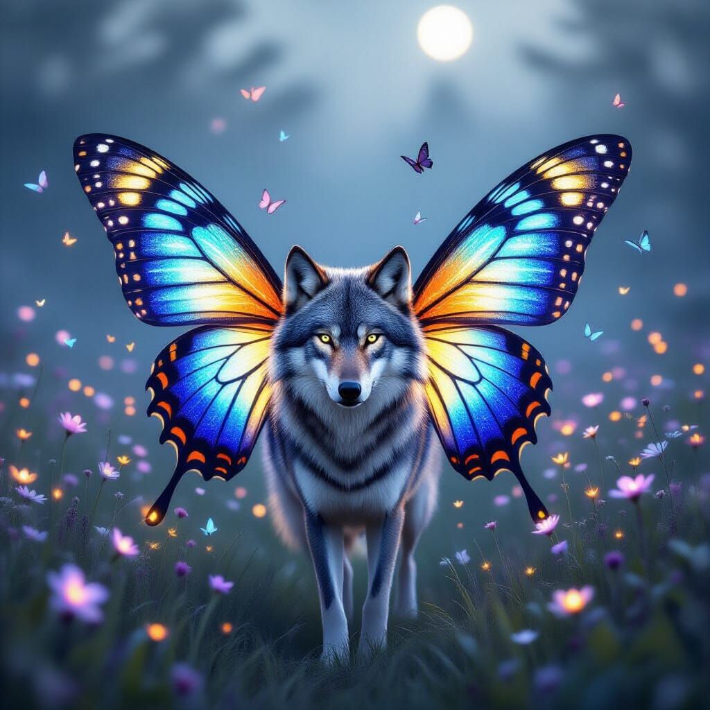Majestic Wolf With Glowing Butterfly Wings in Misty Meadow