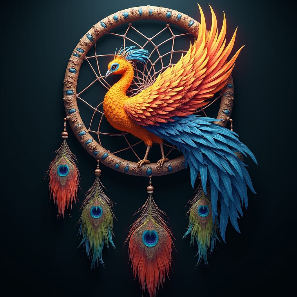 Surreal Dreamcatcher with Phoenix and Peacock Feathers in Vi...