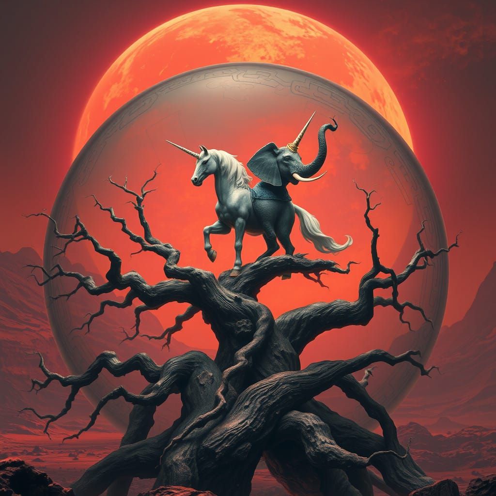 Majestic Unicorn and Elephant on a Martian Tree, within a Gl...