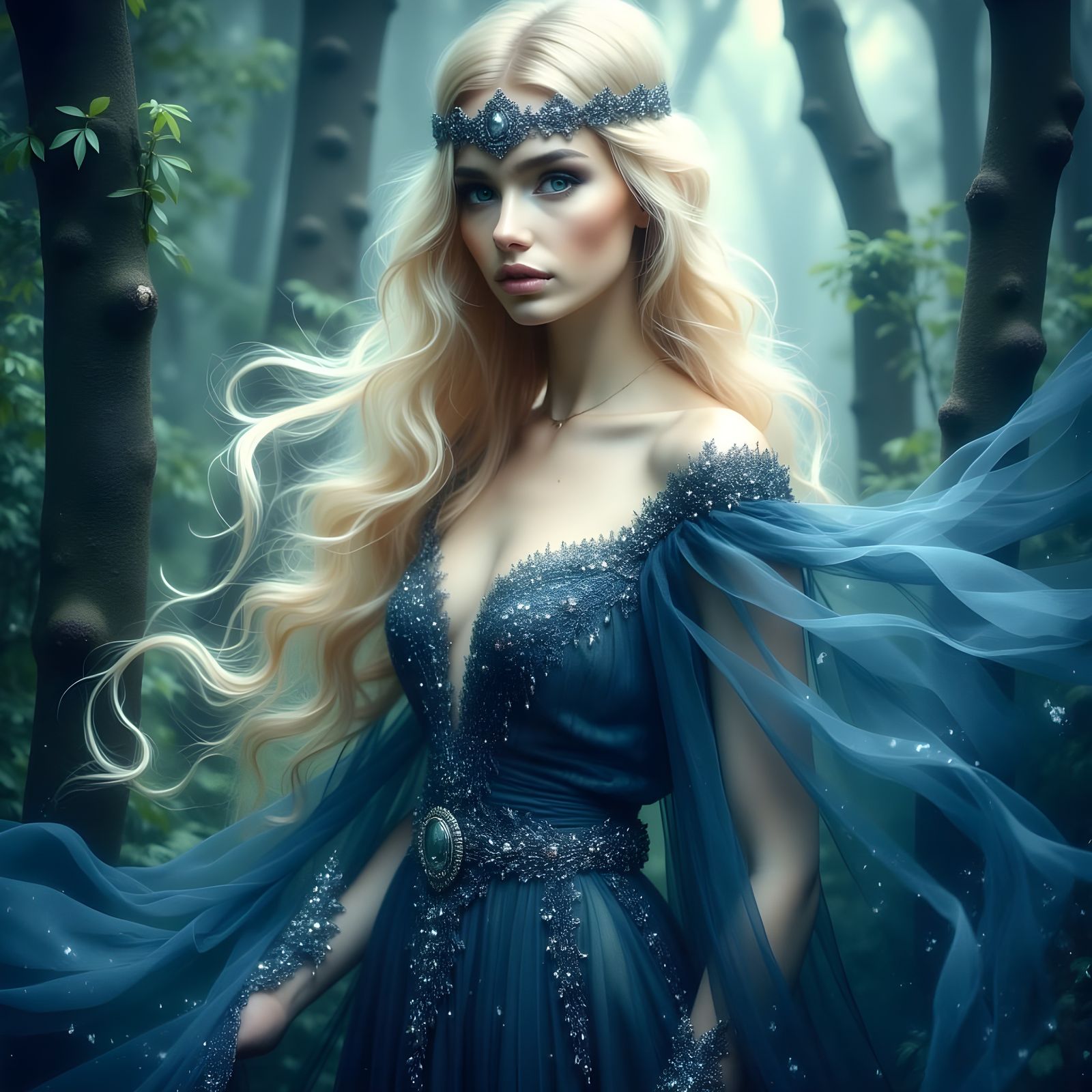 Ethereal Norse Goddess in Dark Blue Gown