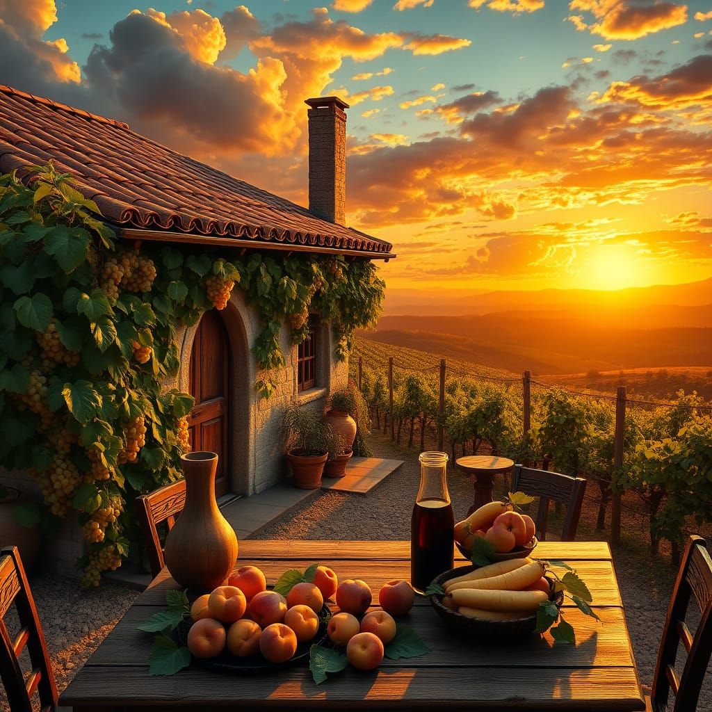 Ancient Roman Vineyard Cottage at Sunset