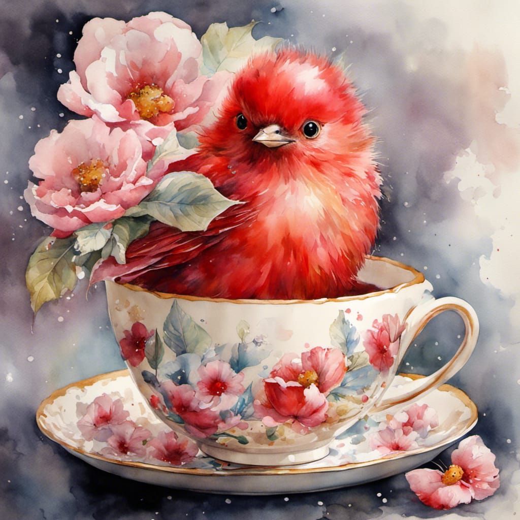 Red Bird in Teacup, Watercolor Art