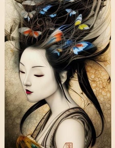 Elegant Geisha with Butterflies in Flowing Ink Style