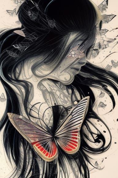 Geisha with Butterflies in Flowing Ink Style
