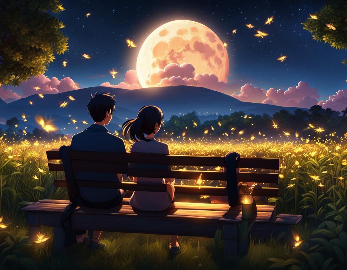 Romantic Firefly Garden at Night in Watercolor Style