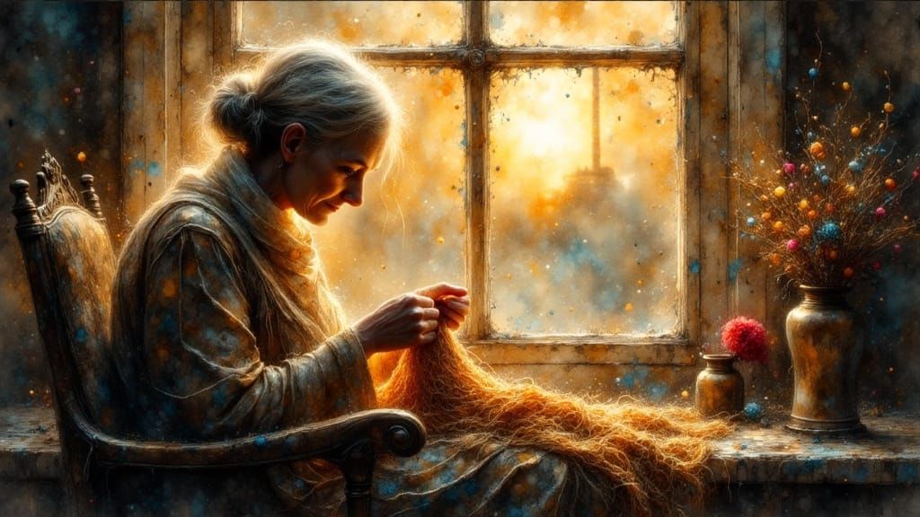 Elderly Woman Knitting by Window in Warm Sunset Light