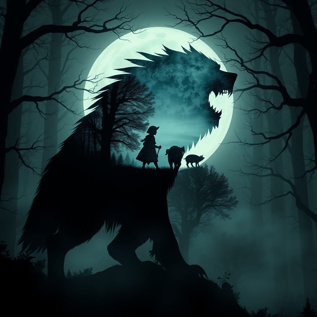 Werewolf Transformation in Dark Forest: Double Exposure Coll...