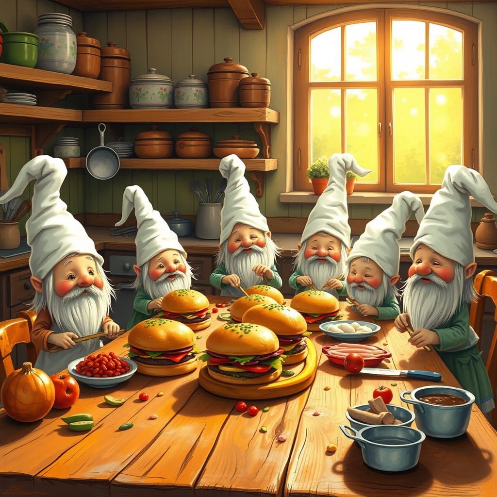 Gnomes Cook Hamburgers in Whimsical Kitchen