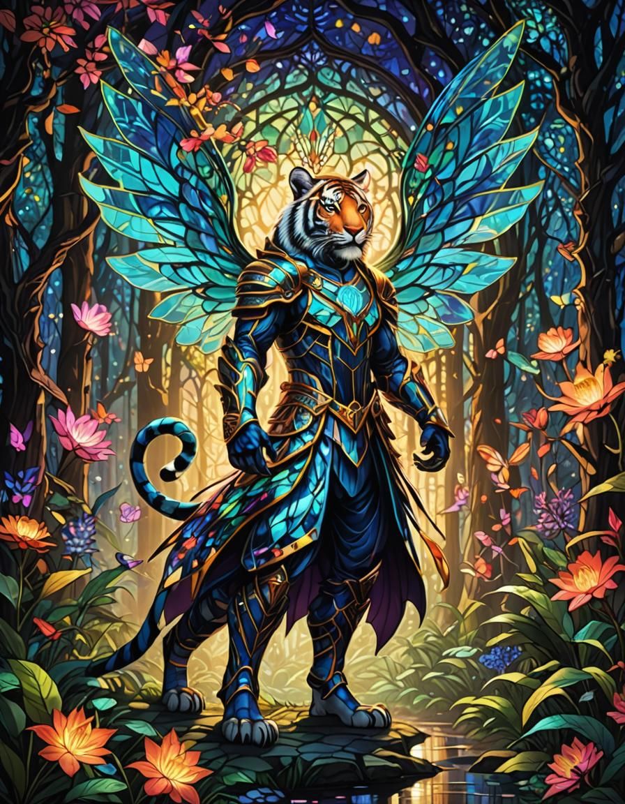 Neon Mystical Tiger in Enchanted Cyberpunk Forest