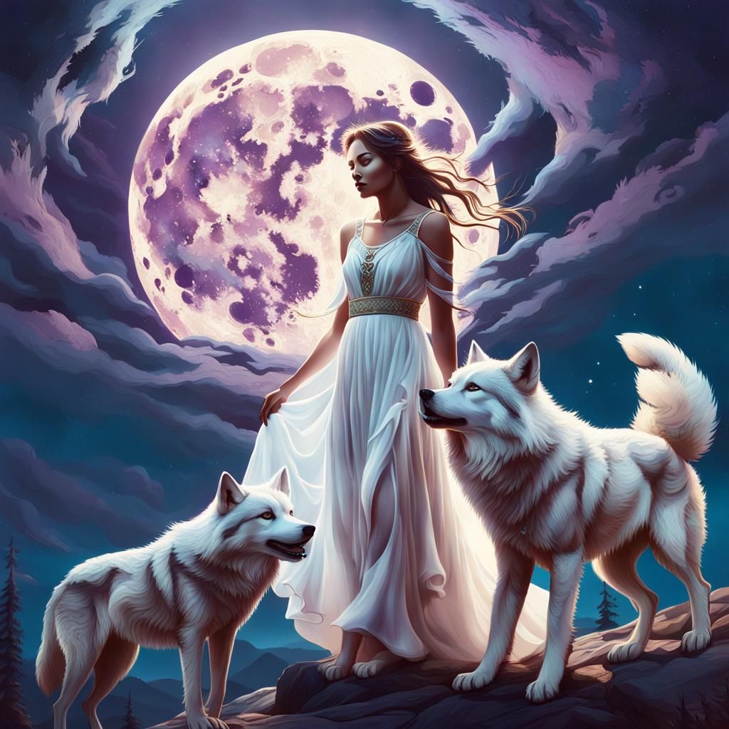 Woman with Wolves in Dreamy Art Nouveau Style