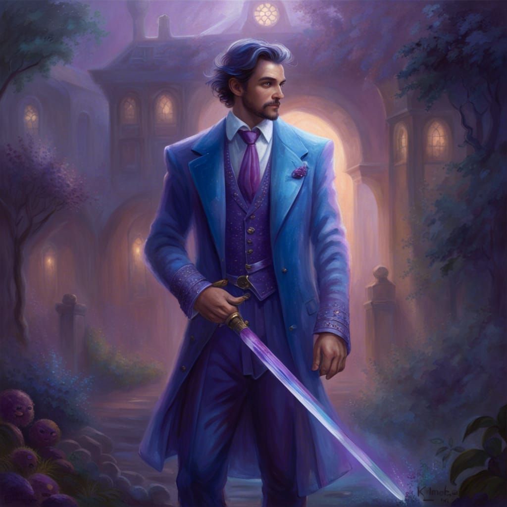 Ethereal Swordsman in Blue Suit, Fantasy Art
