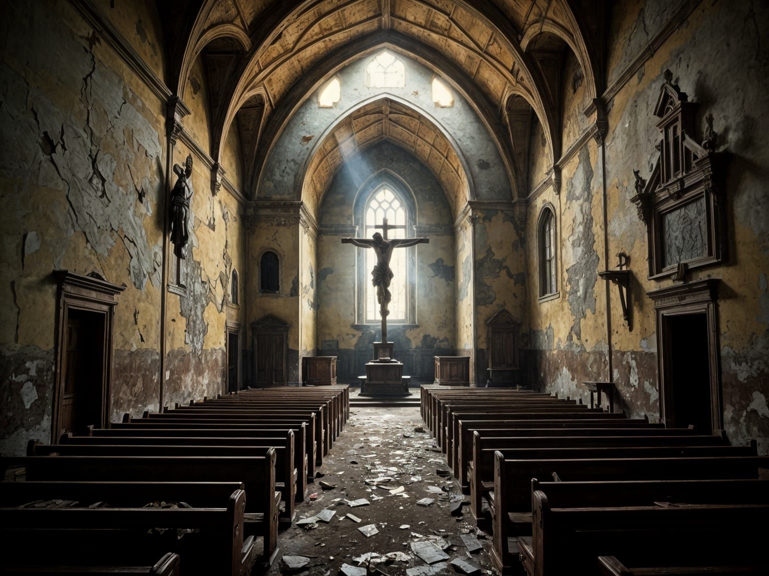 Dilapidated Church Interior with Fallen Crucifix