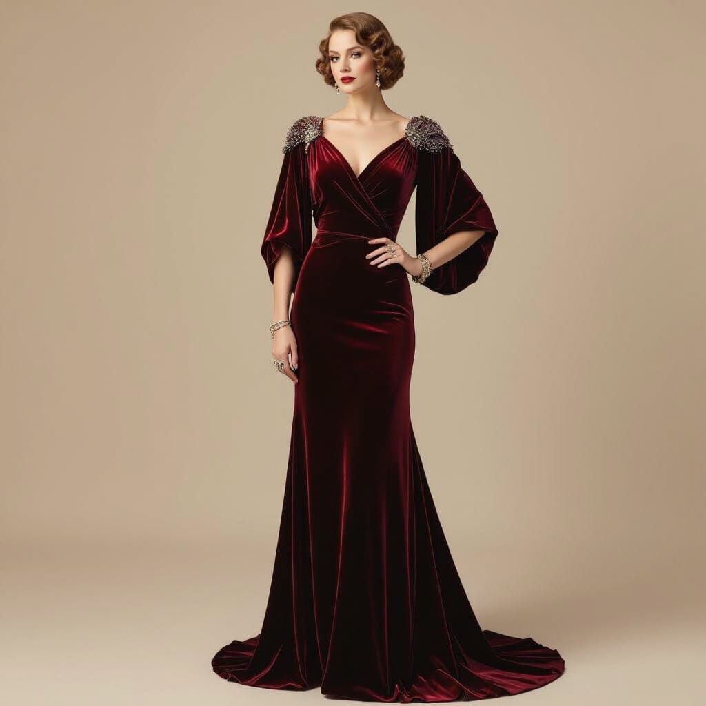 1935 Velvet Gown with Intricate Sleeves, Vintage Accessories
