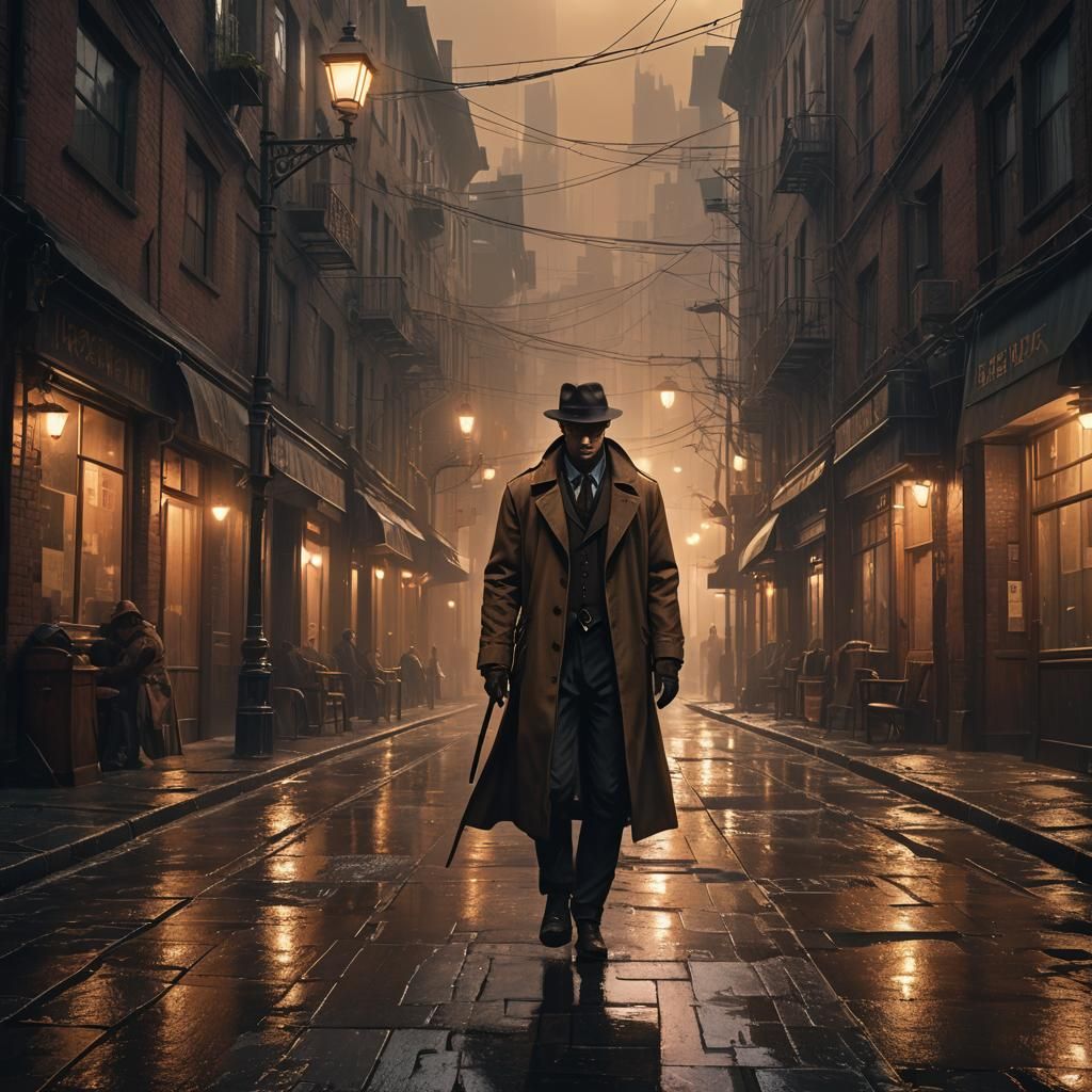 Detective Investigates Rainy City Alleys in Dark Fantasy Art