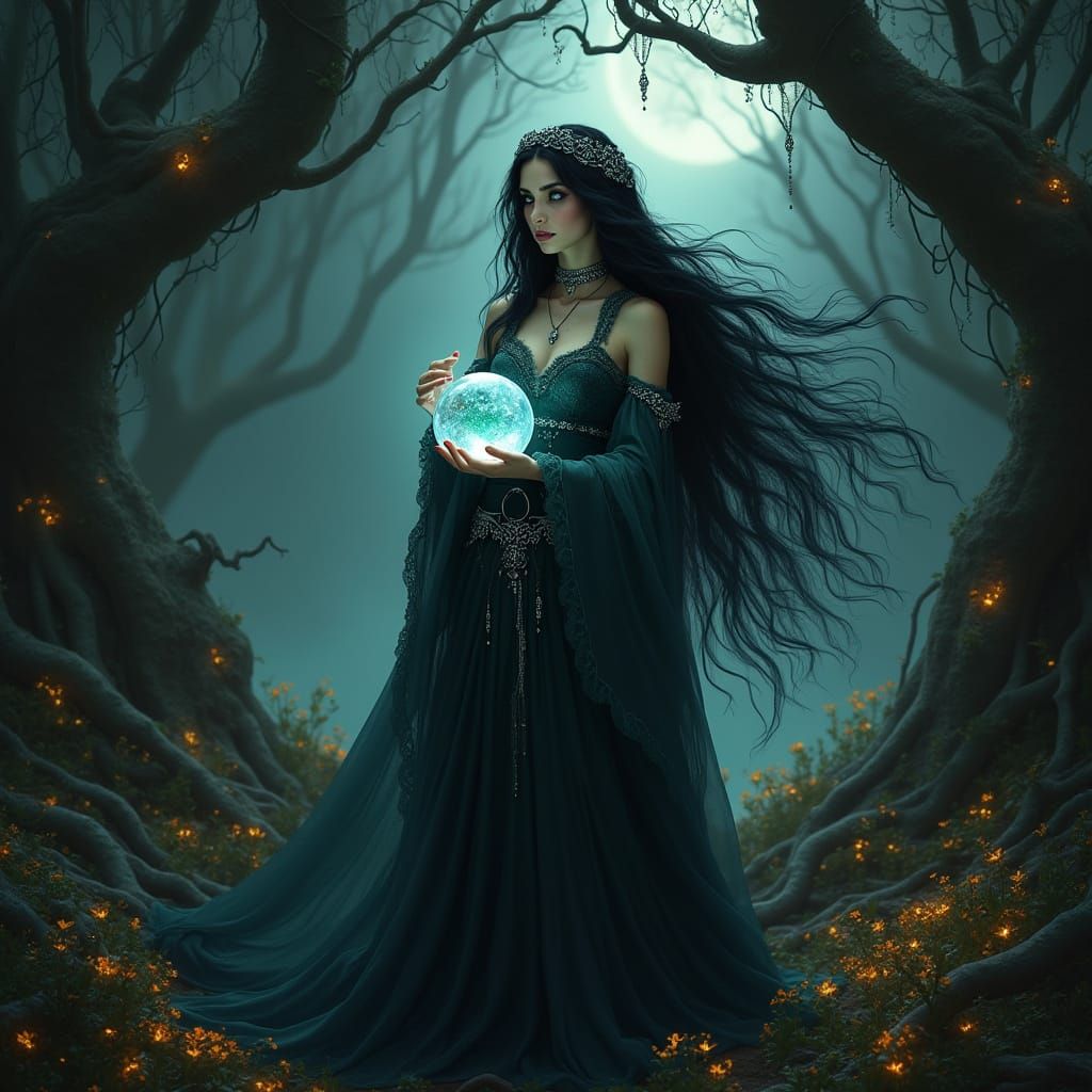 Mysterious Sorceress in Gothic Art Nouveau Grove