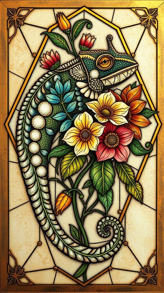 Chameleon in Vibrant Springtime Florals, Baroque Style