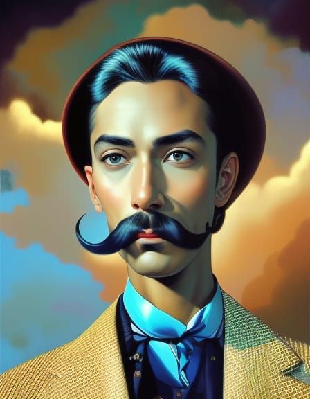 Feather Moustache Portrait in Art Nouveau Style