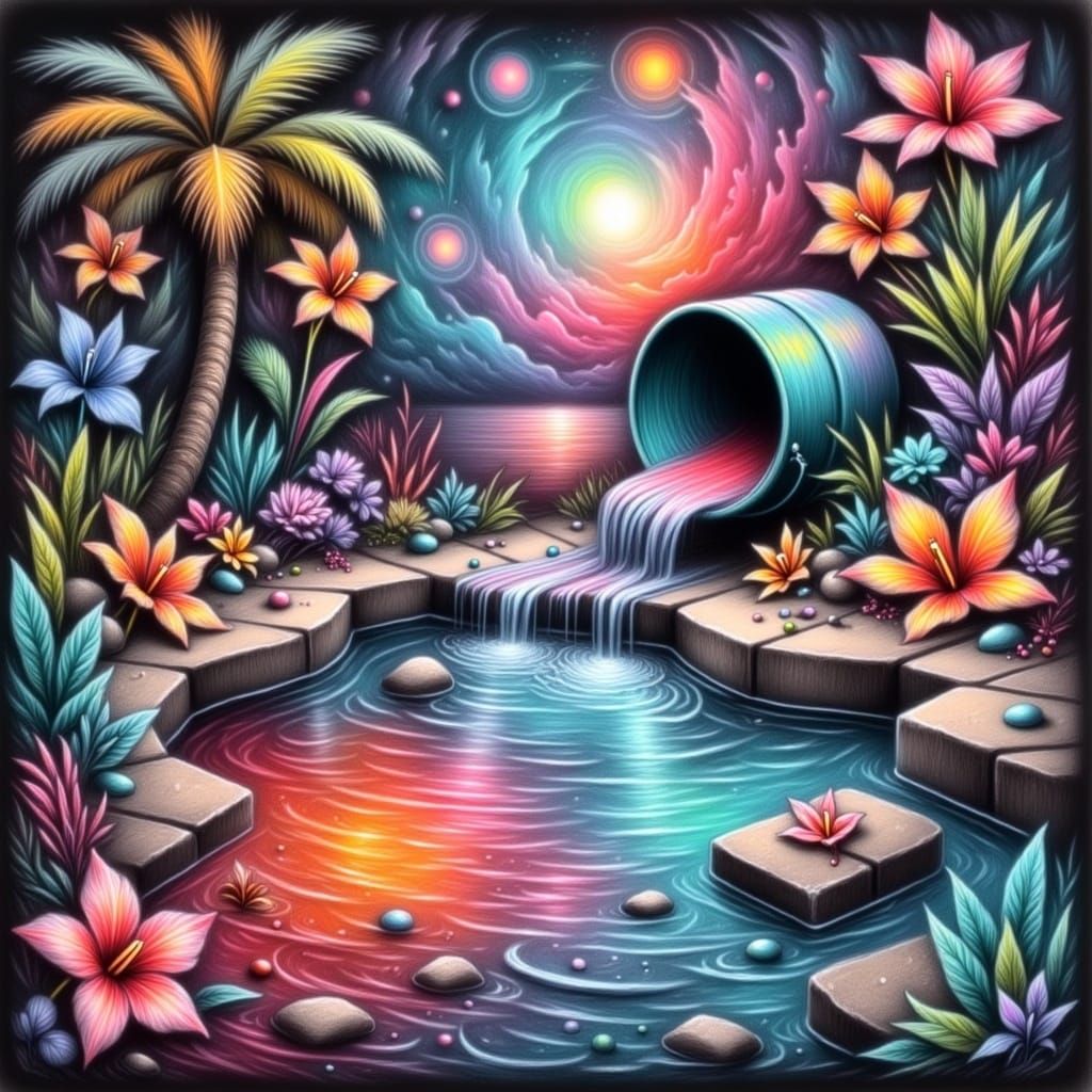 Rainbow Paint Lava Fills Tropical Pool