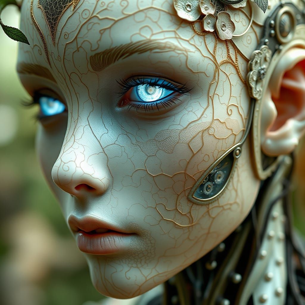 Cyborg Arborist Close-Up in Biomechanical Surrealist Style