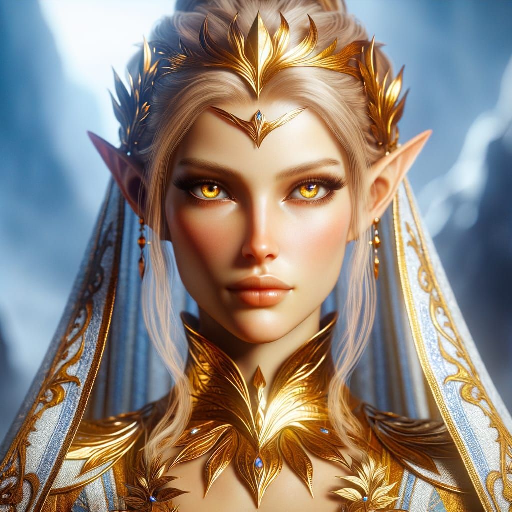 Ethereal High Elf Maiden in Regal Gold and Blue Attire
