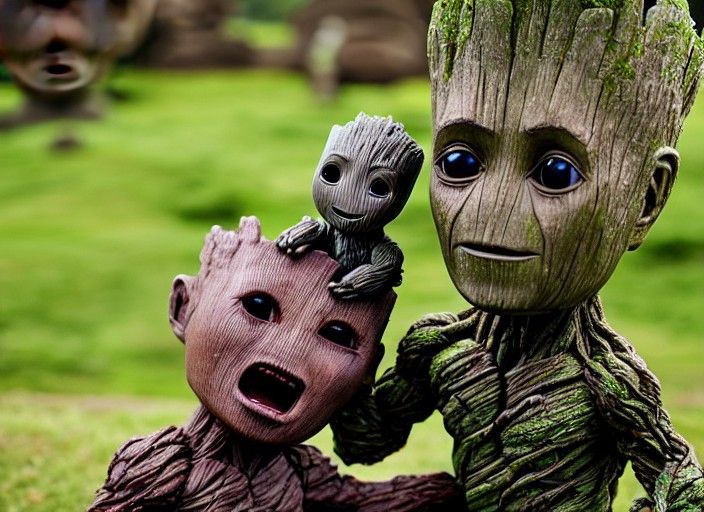 Baby Groot Meets Baby Moai Statue