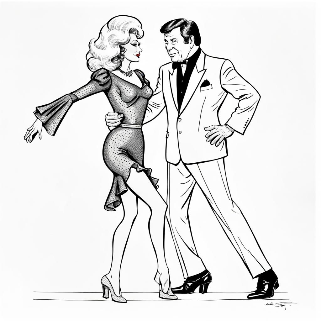 Celebrities Dancing in Retro Art Deco Ink Drawing