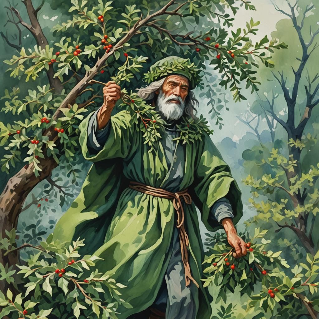 Druid Harvesting Mistletoe in Gouache Watercolor Style