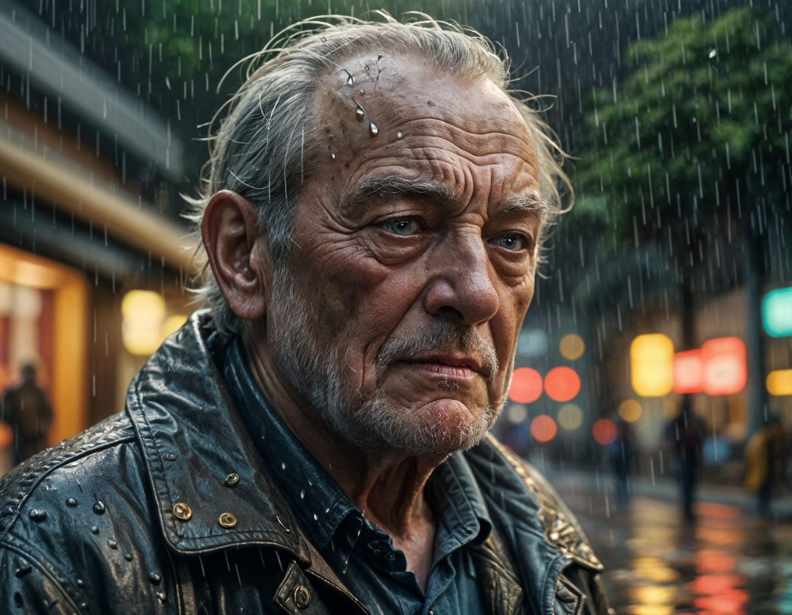 Old Man Snoring in the Rain: Hyperrealistic Splash Art